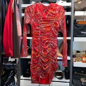 Red abstract Fashion Nova long sleeve mesh dress